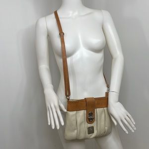 I Medici Italian Leather Cross Body Handbag, Beige & Brown Top Zip Strap Toggle